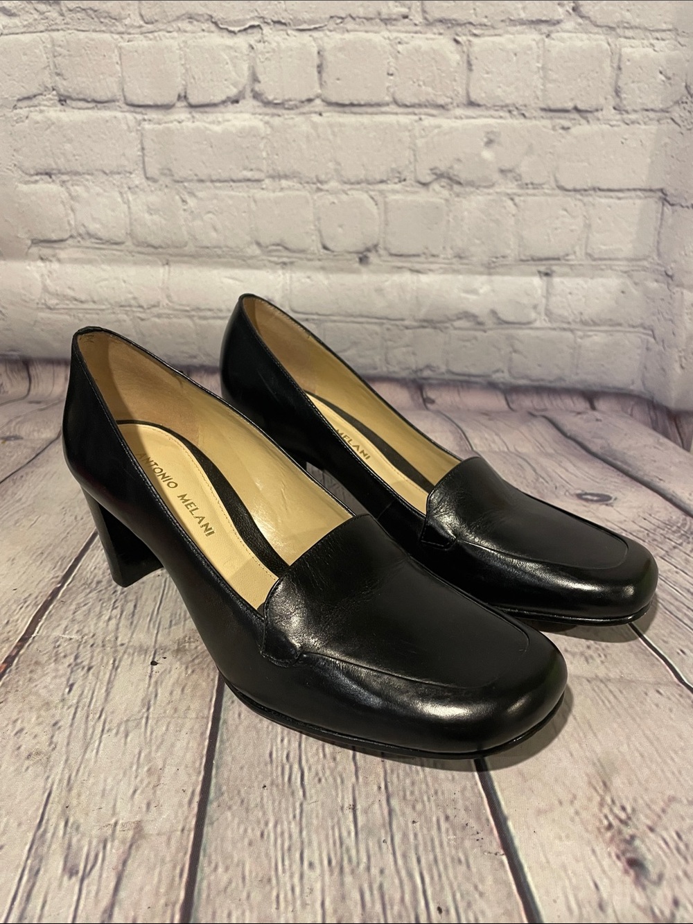 ANTONIO MELANI Black Leather Block Heel Loafer Pumps 8.5 Narrow